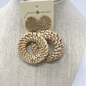 JANE MARIE Women Rattan Woven Circular Beige Drop Pierced Earrings Gold Leaf NEW